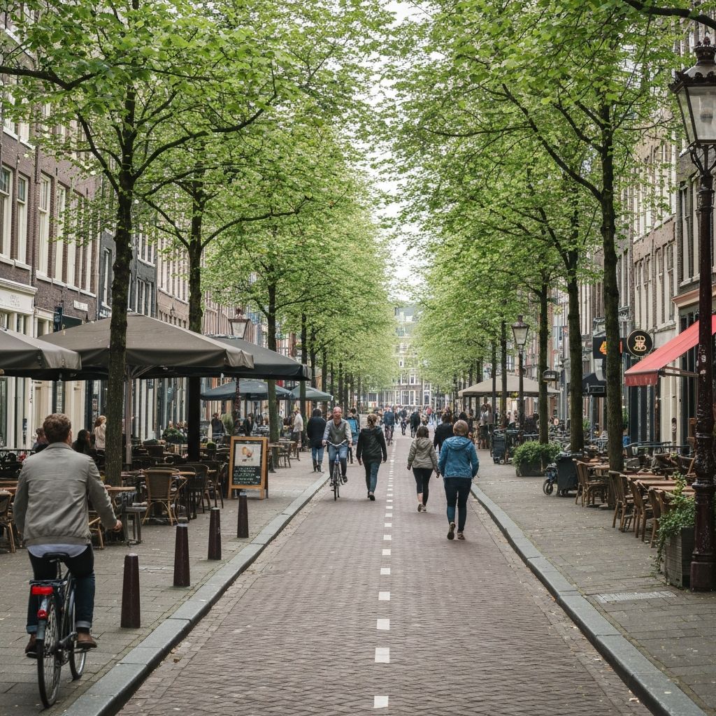 Pedestrian-friendly street with urban greenery